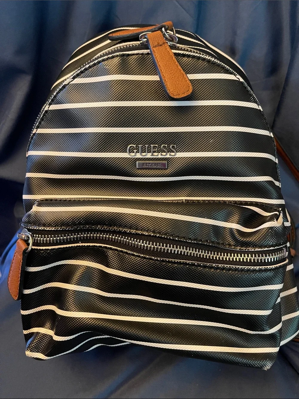 GUESS Black and White Striped Backpack